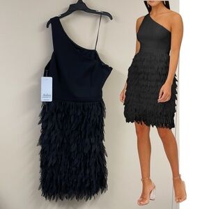 Aidan Mattox Women's Black Chiffon Feather Cocktail Dress NWT Size 16